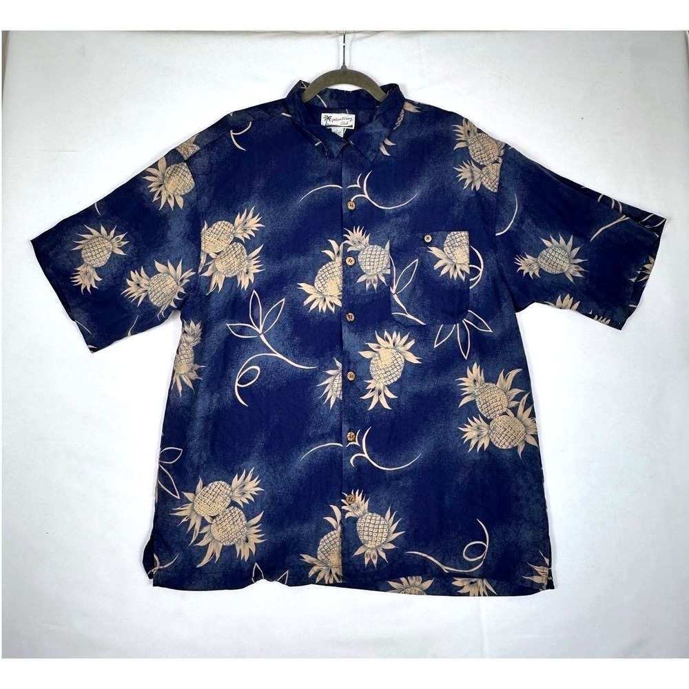 Monterey Club Button Up Men's Hawaiian Pineapple Print Silk Blue Large